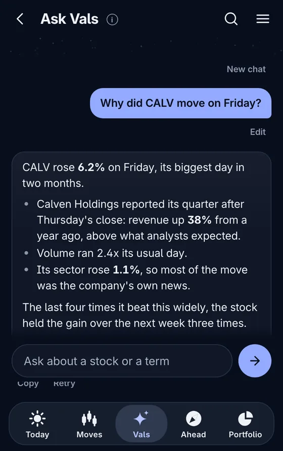 Ask Vals answering why a stock moved on Friday, from this app's data (an example company)